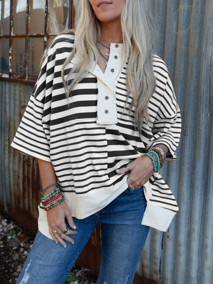 Oversize Tops - Oversized High-Low & Bold Stripes Half Button Up Pullover Top