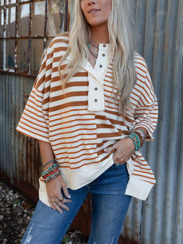 Oversize Tops - Oversized High-Low & Bold Stripes Half Button Up Pullover Top