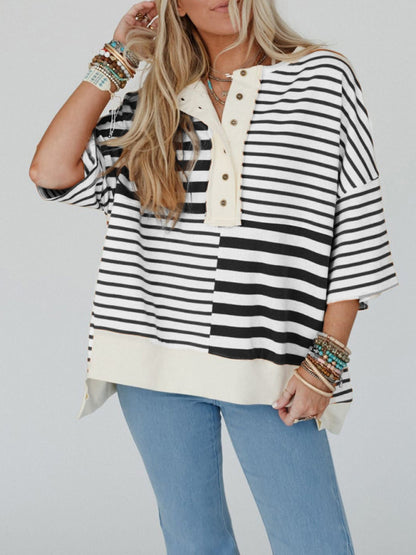 Oversize Tops - Oversized High-Low & Bold Stripes Half Button Up Pullover Top