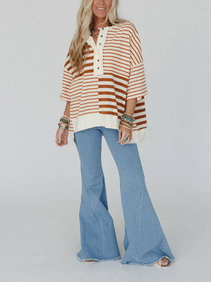 Oversize Tops - Oversized High-Low & Bold Stripes Half Button Up Pullover Top