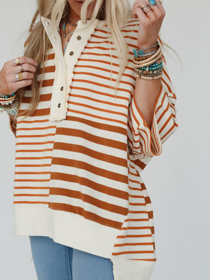 Oversize Tops - Oversized High-Low & Bold Stripes Half Button Up Pullover Top