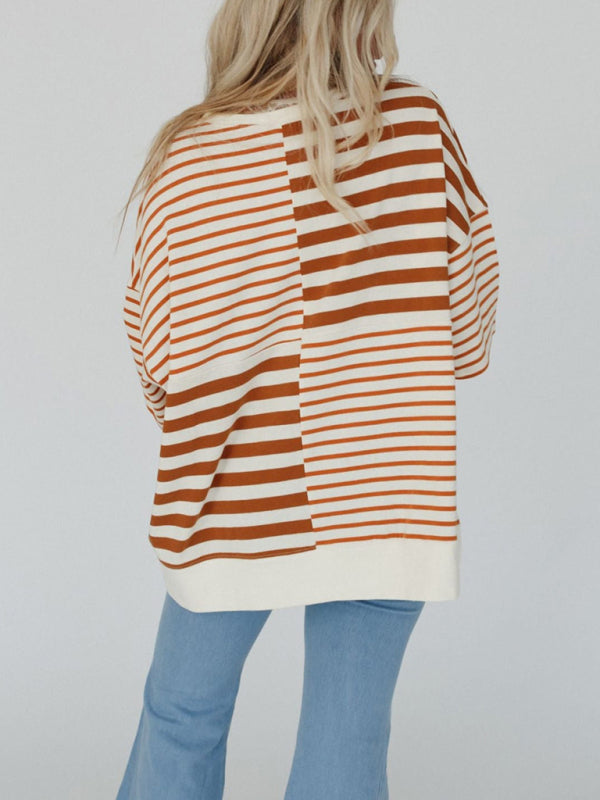 Oversize Tops - Oversized High-Low & Bold Stripes Half Button Up Pullover Top