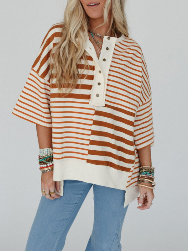 Oversize Tops - Oversized High-Low & Bold Stripes Half Button Up Pullover Top