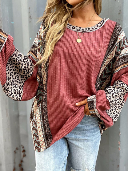 Oversized Tops - Oversized Casual Bohemian Top with Print Patchwork