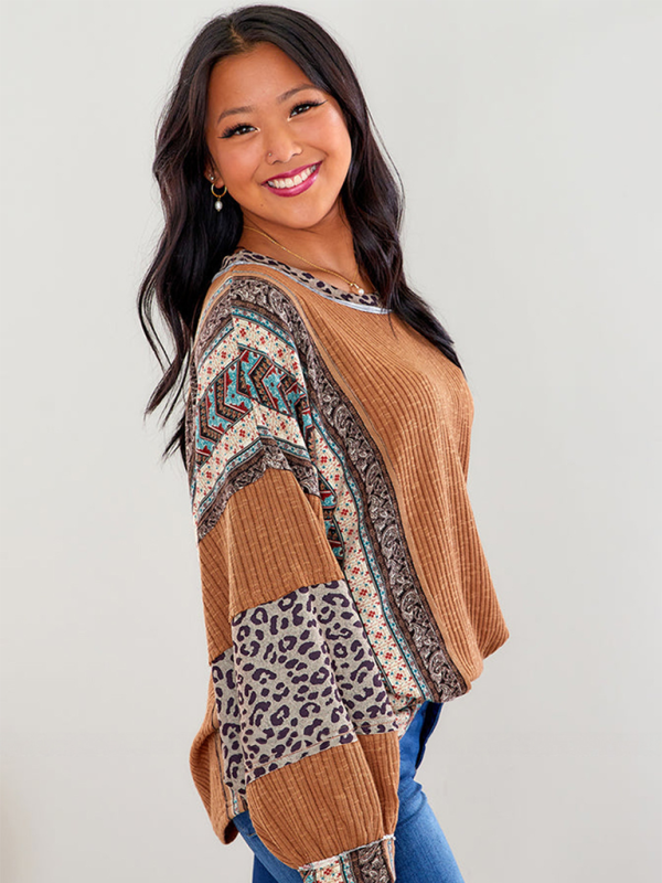 Oversized Tops - Oversized Casual Bohemian Top with Print Patchwork