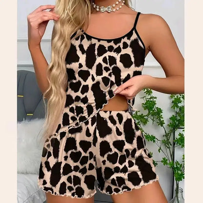 Lounge-Set mit Schößchen und Animalprint im Leoparden-Look – Camisole und Shorts