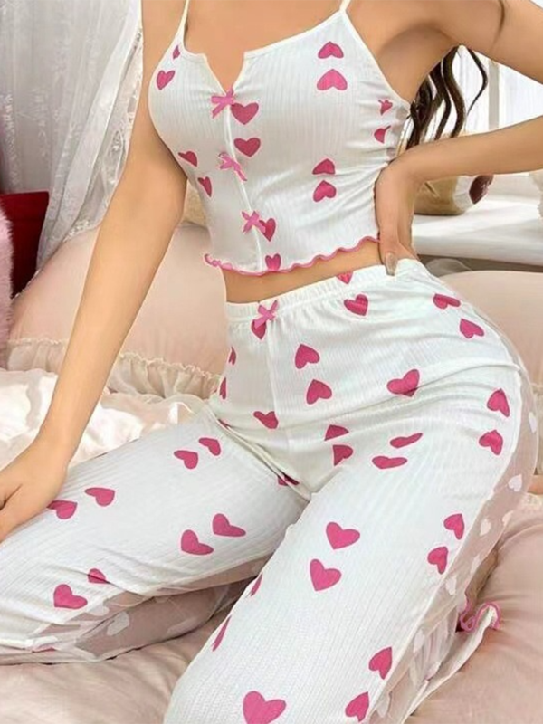 Pajamas - Cherry Print Pajamas Cami top & Pants in Contrast Mesh