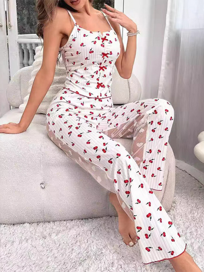 Pajamas - Cherry Print Pajamas Cami top & Pants in Contrast Mesh