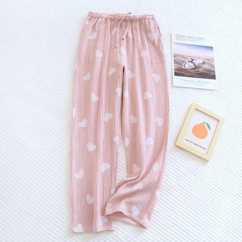 Pajamas - Cotton Hypoallergenic Pajama Pants with Heart Prints for Women