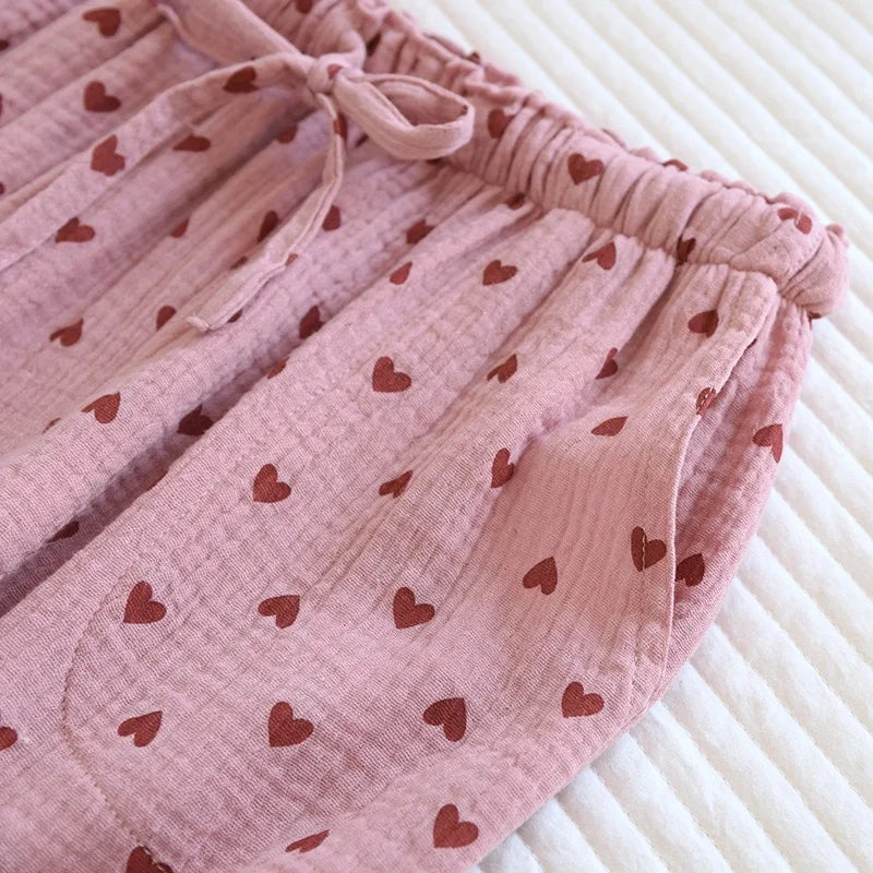 Pajamas - Cotton Hypoallergenic Pajama Pants with Heart Prints for Women