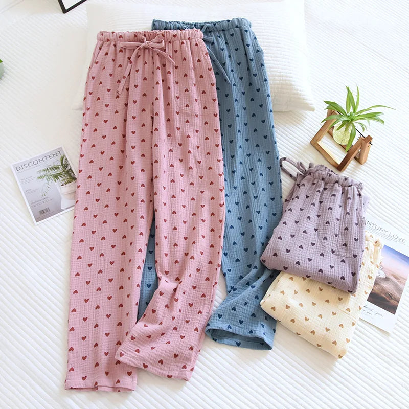 Pajamas - Cotton Hypoallergenic Pajama Pants with Heart Prints for Women