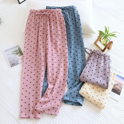 Pajamas - Cotton Hypoallergenic Pajama Pants with Heart Prints for Women