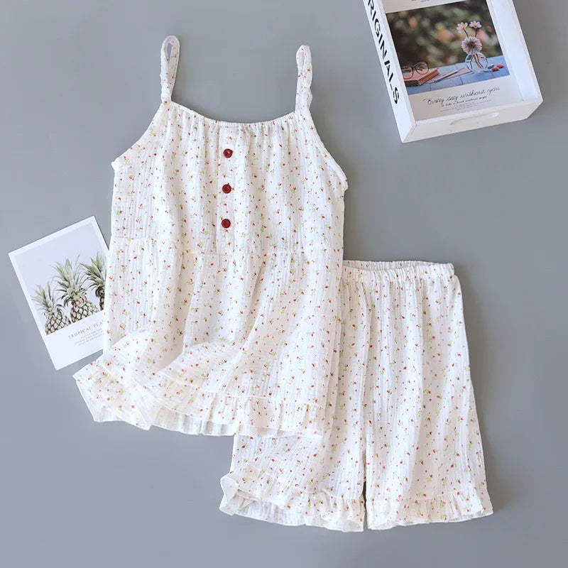 Pajamas - Cotton Nightwear Breathable Pajama Set with Ruffle Detail