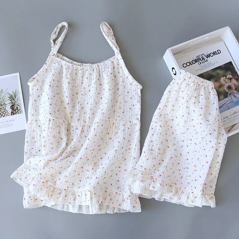 Pajamas - Cotton Nightwear Breathable Pajama Set with Ruffle Detail