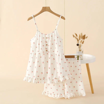 Pajamas - Cotton Nightwear Breathable Pajama Set with Ruffle Detail