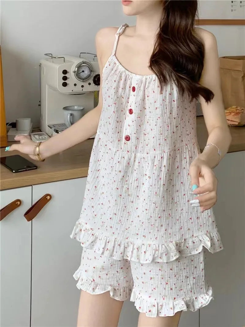 Pajamas - Cotton Nightwear Breathable Pajama Set with Ruffle Detail