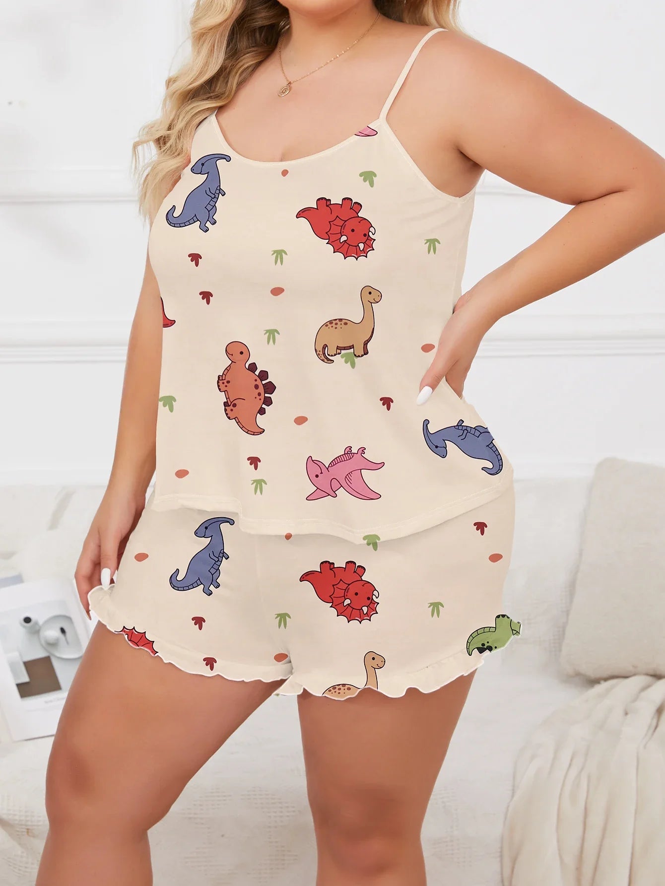 Pajamas- Dino Dreams Curvy 2-Piece Cami & Shorts Pajama Set- - Pekosa Women Fashion