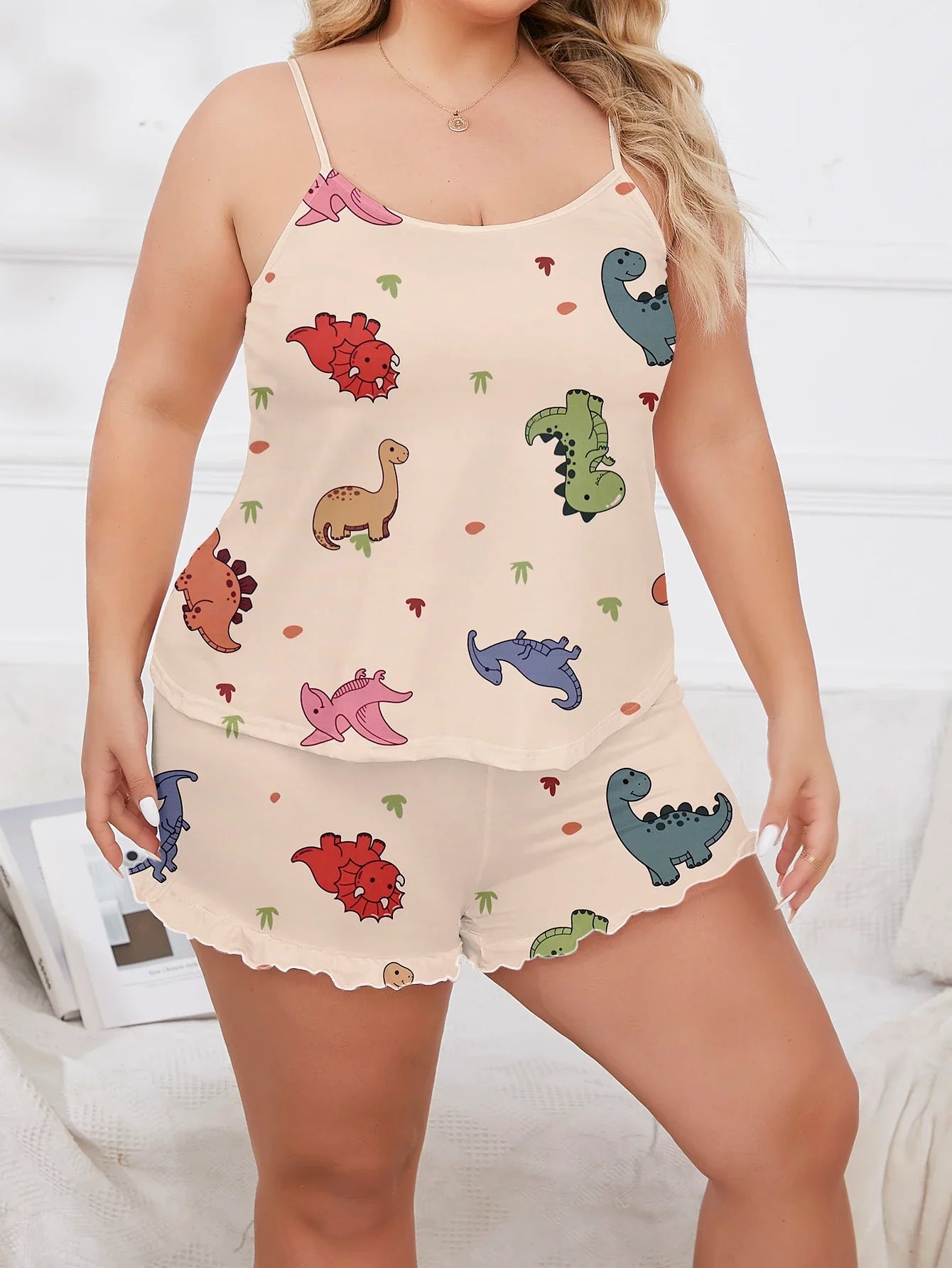 Pajamas- Dino Dreams Curvy 2-Piece Cami & Shorts Pajama Set- - Pekosa Women Fashion