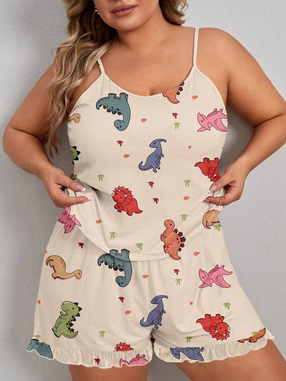 Pajamas- Dino Dreams Curvy 2-Piece Cami & Shorts Pajama Set- Cartoon Dinosaur Print- Pekosa Women Fashion