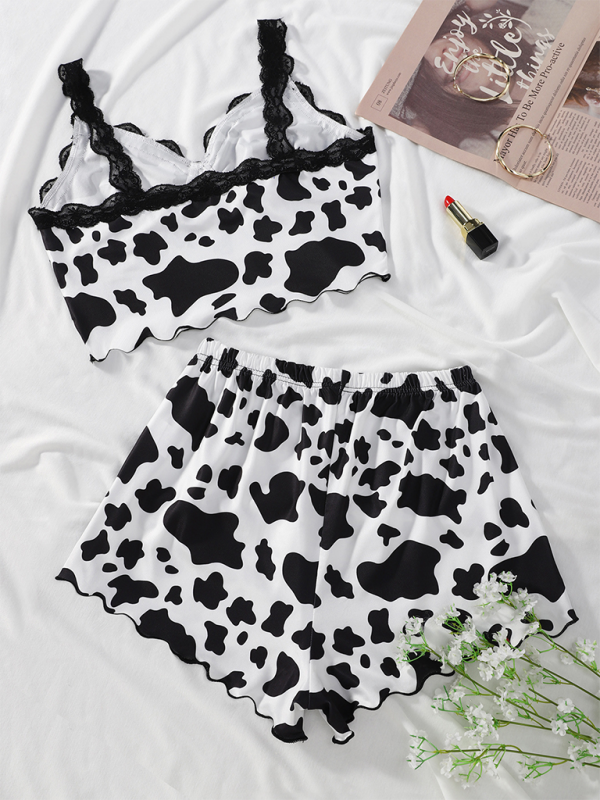 Pajamas Loungewear - Cow Print Lace Trim Camisole Pajama Set - Sleepwear