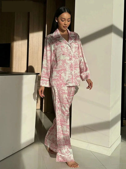  - Pajamas Loungewear Matching Set – Silky Flower Print Pajamas Suit