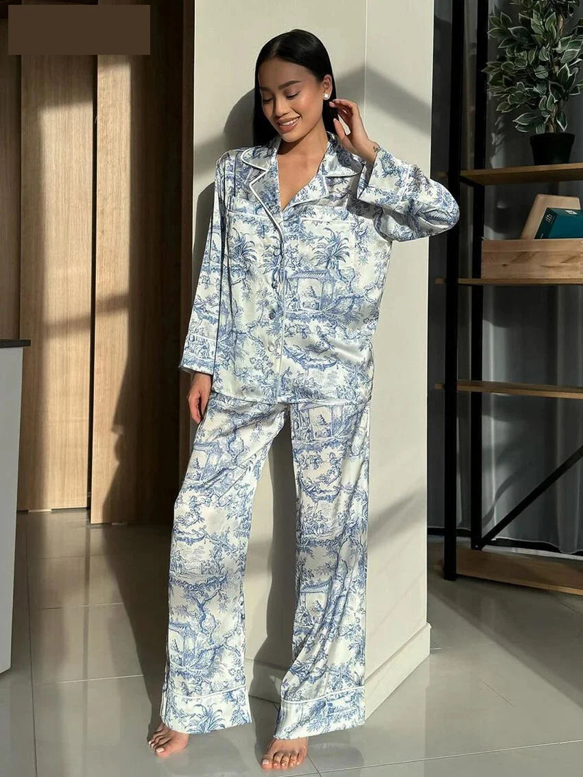  - Pajamas Loungewear Matching Set – Silky Flower Print Pajamas Suit