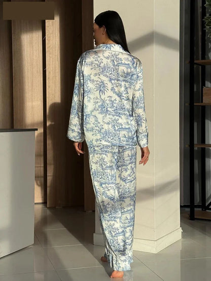  - Pajamas Loungewear Matching Set – Silky Flower Print Pajamas Suit