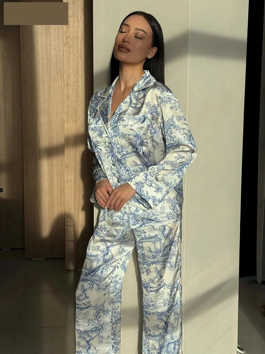  - Pajamas Loungewear Matching Set – Silky Flower Print Pajamas Suit