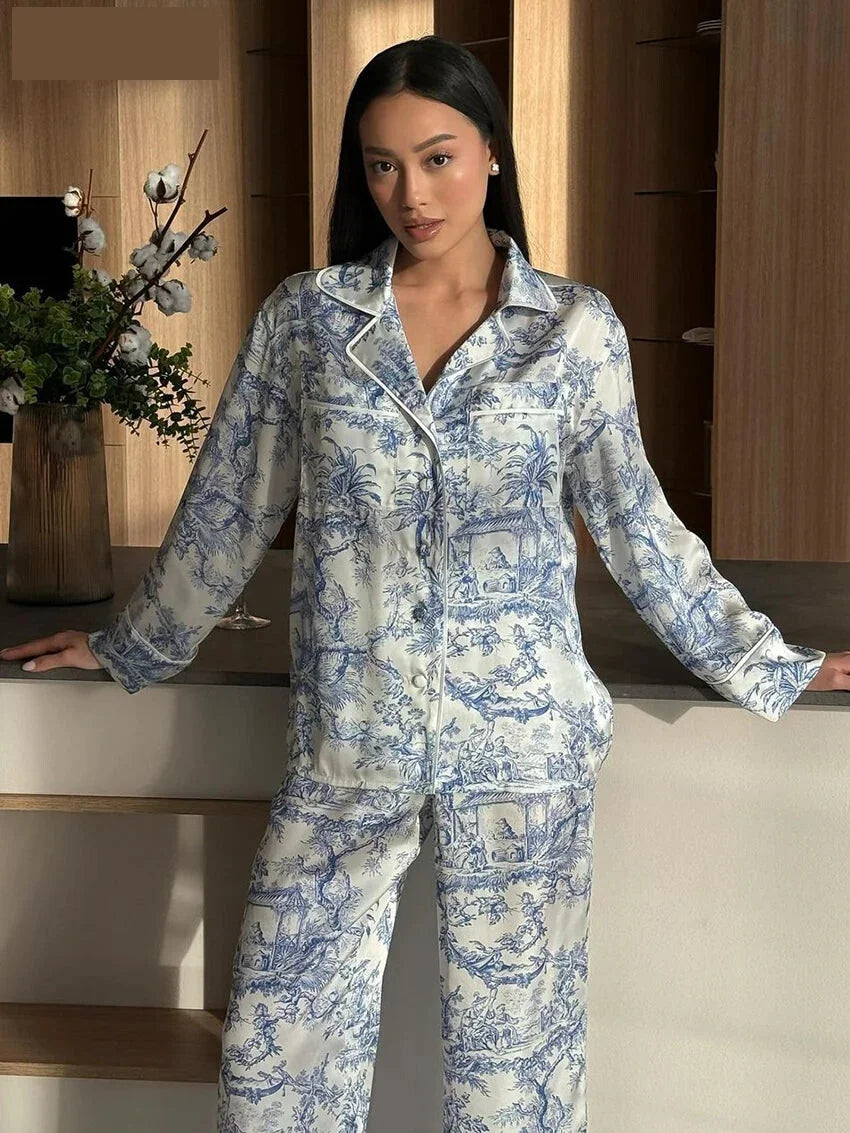  - Pajamas Loungewear Matching Set – Silky Flower Print Pajamas Suit