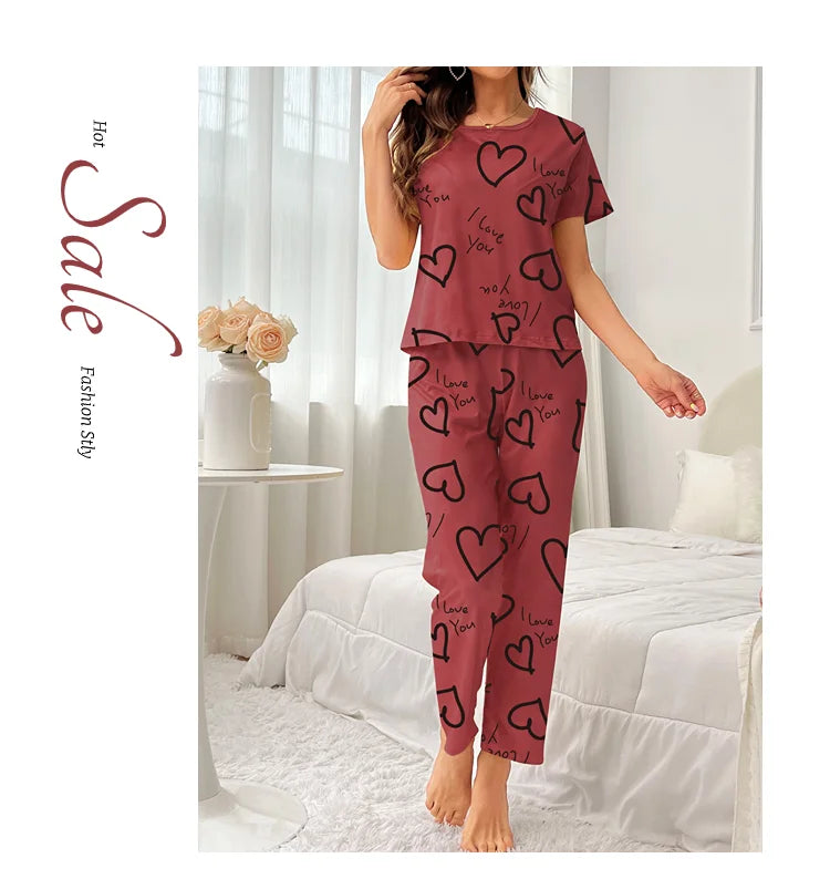 Pajamas- Love at First Wear Comfy Women's Heart Print Pajama Set- - Pekosa Women Fashion