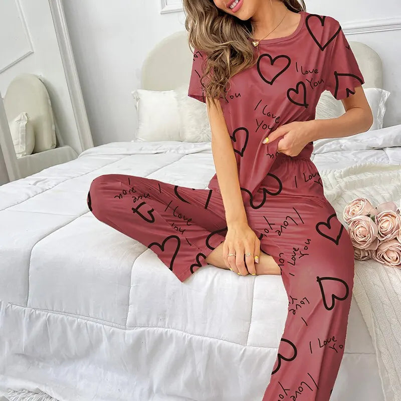 Pajamas- Love at First Wear Comfy Women's Heart Print Pajama Set- - Pekosa Women Fashion