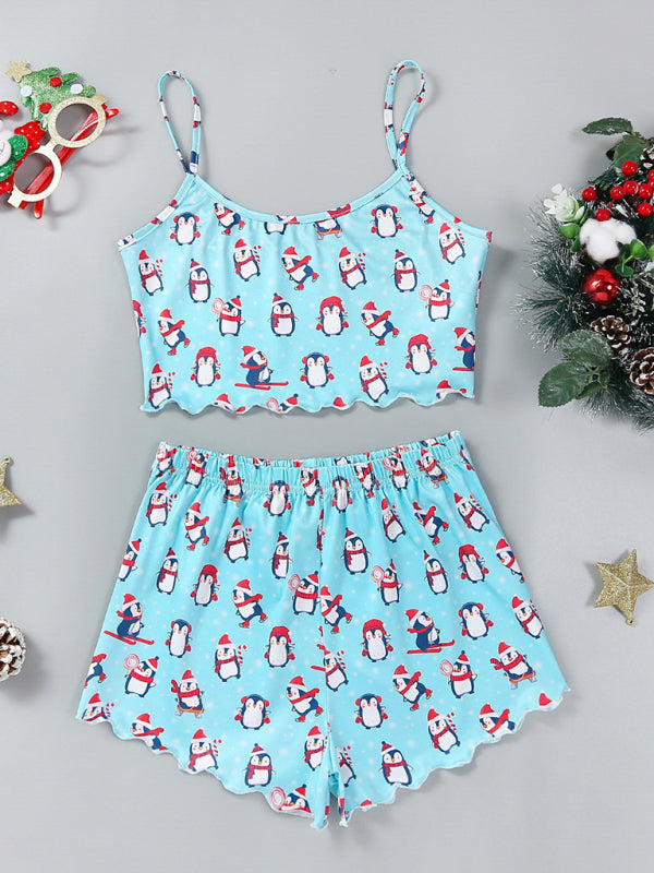 Pajamas - Santa Claus Holiday Pajama Set Reindeer Print Loungewear