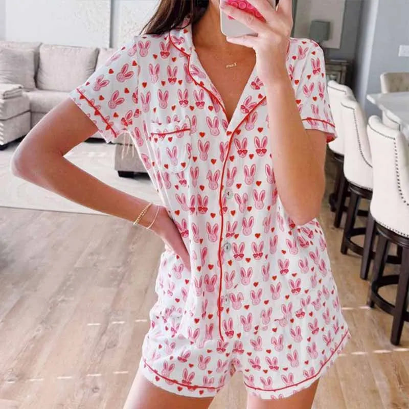 Pajamas Set - Bunny Print Pajamas – 2-Piece Shorts & Shirt Set