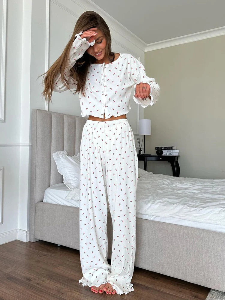 Pajamas Set - Comfy Floral Pajama Suit Pants & Crop Top Loungewear