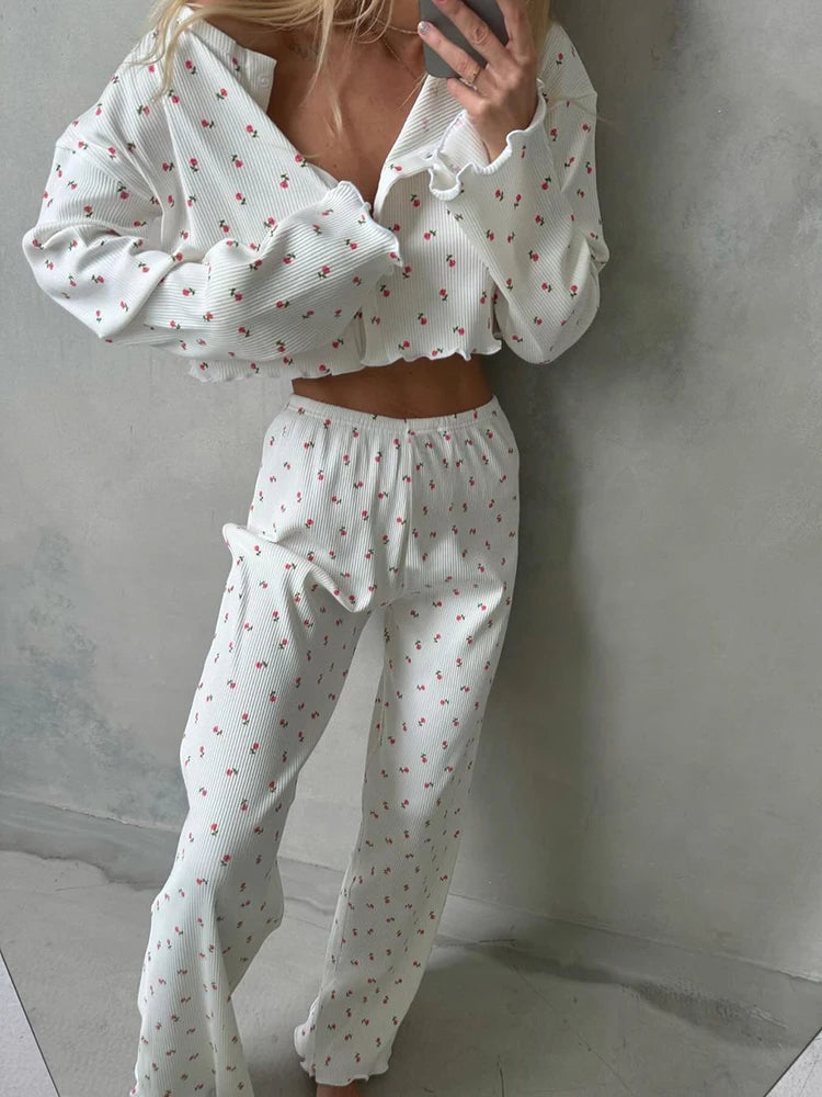 Pajamas Set - Comfy Floral Pajama Suit Pants & Crop Top Loungewear