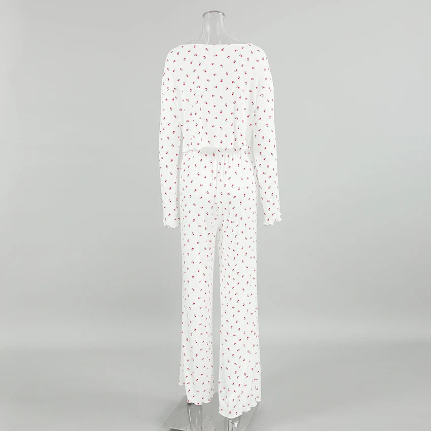 Pajamas Set - Comfy Floral Pajama Suit Pants & Crop Top Loungewear