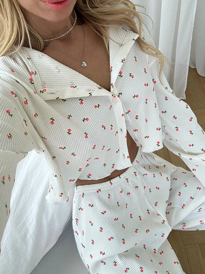 Pajamas Set - Comfy Floral Pajama Suit Pants & Crop Top Loungewear