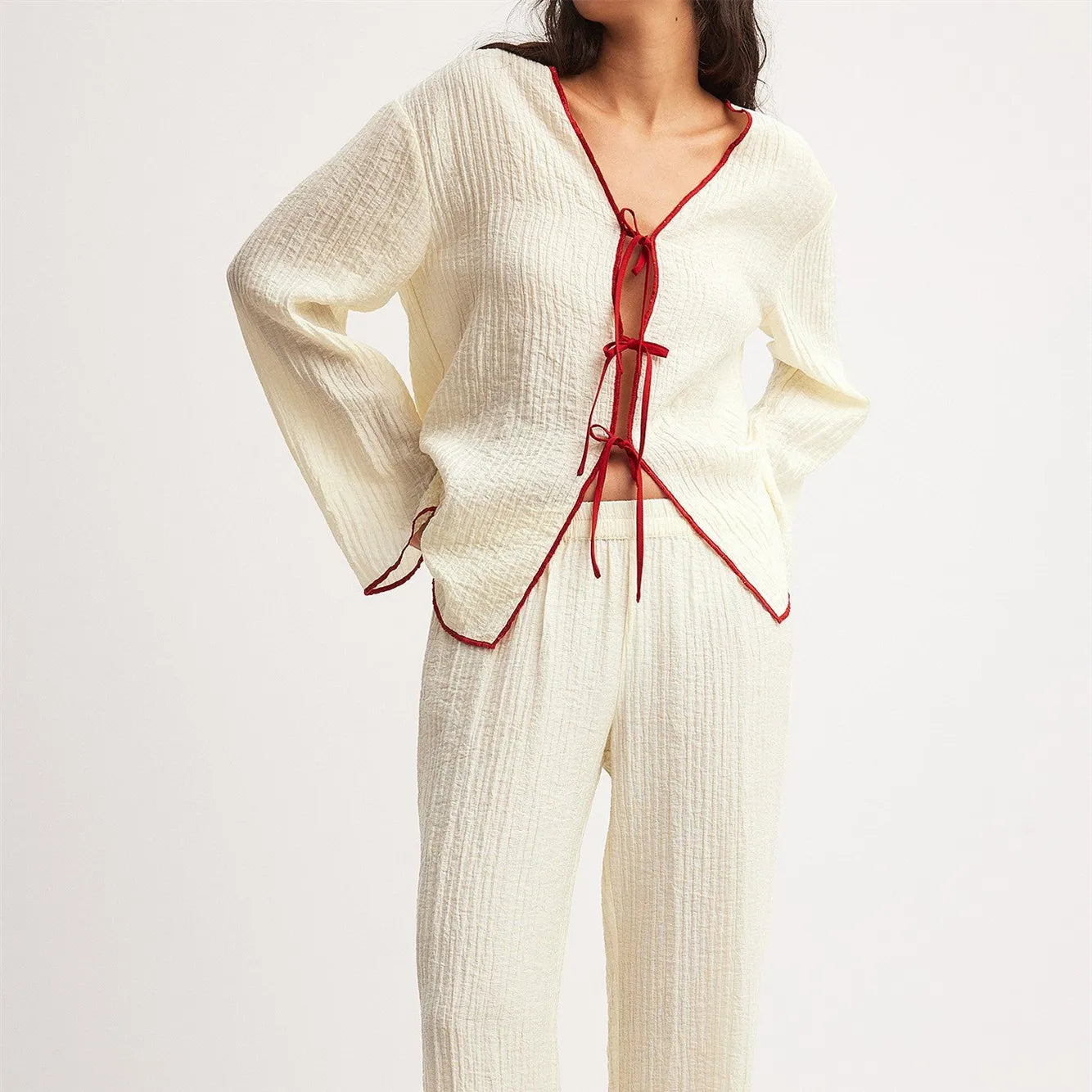 Pajamas Set - Comfy Pants and Tie-Up Top Loungewear Set with Red Piping for Women