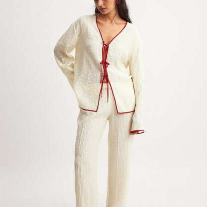 Pajamas Set - Comfy Pants and Tie-Up Top Loungewear Set with Red Piping for Women