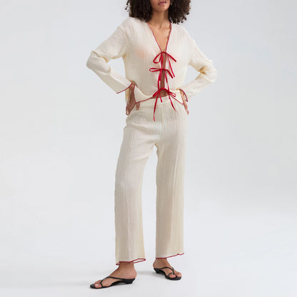 Pajamas Set - Comfy Pants and Tie-Up Top Loungewear Set with Red Piping for Women