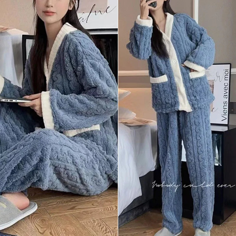 Pajamas Set - Plush Winter Sleepwear Set for Women Cable Knit Fleece Pajamas