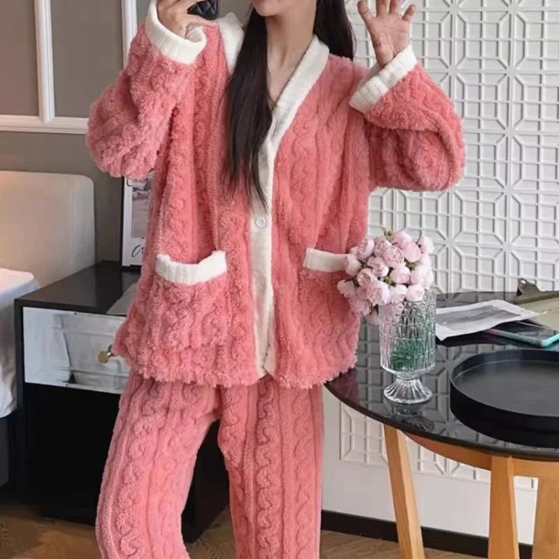 Pajamas Set - Plush Winter Sleepwear Set for Women Cable Knit Fleece Pajamas