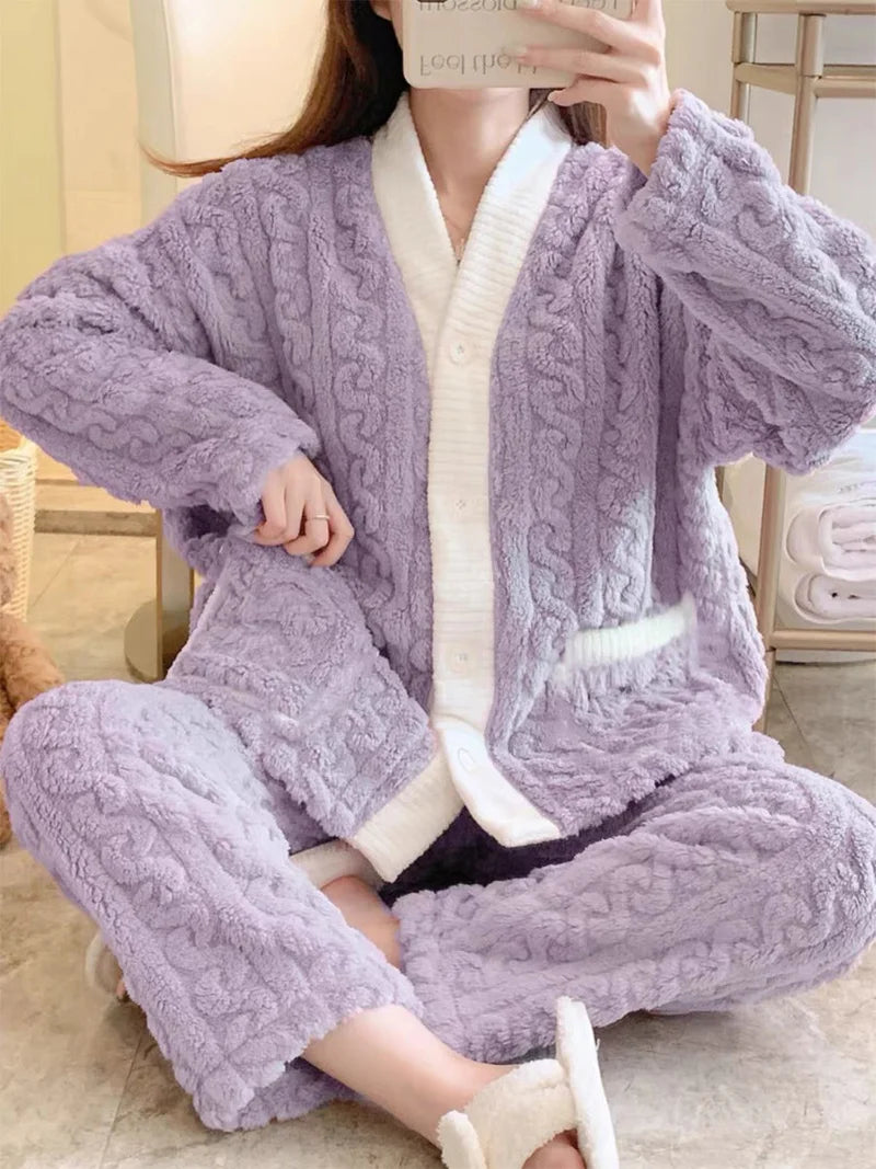 Pajamas Set - Plush Winter Sleepwear Set for Women Cable Knit Fleece Pajamas