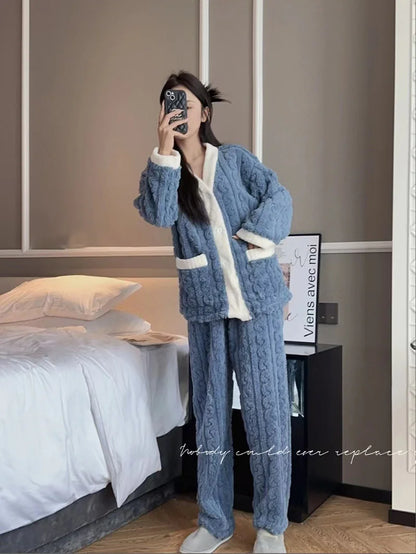 Pajamas Set - Plush Winter Sleepwear Set for Women Cable Knit Fleece Pajamas