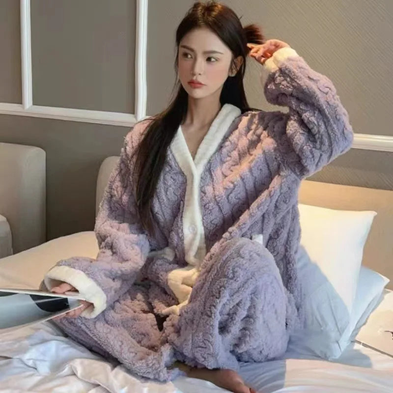 Pajamas Set - Plush Winter Sleepwear Set for Women Cable Knit Fleece Pajamas