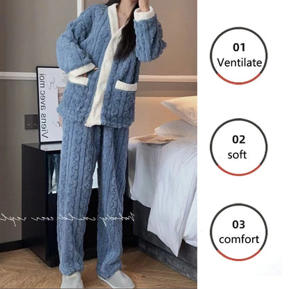 Pajamas Set - Plush Winter Sleepwear Set for Women Cable Knit Fleece Pajamas