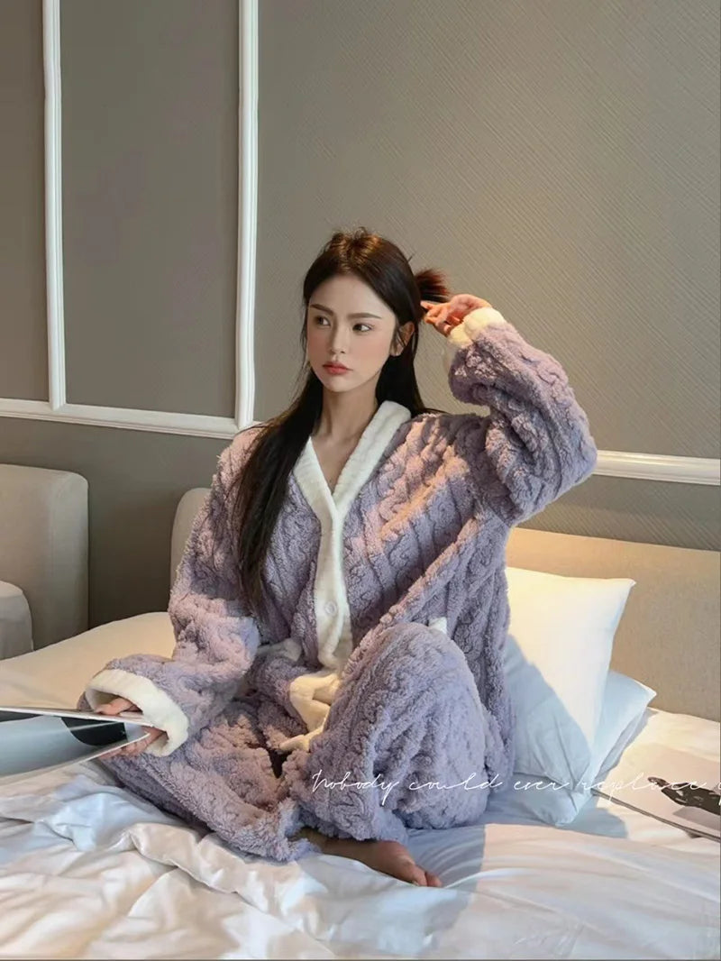 Pajamas Set - Plush Winter Sleepwear Set for Women Cable Knit Fleece Pajamas