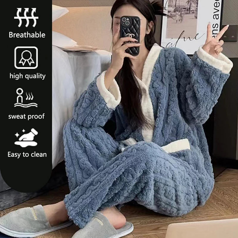 Pajamas Set - Plush Winter Sleepwear Set for Women Cable Knit Fleece Pajamas