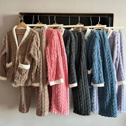 Pajamas Set - Plush Winter Sleepwear Set for Women Cable Knit Fleece Pajamas