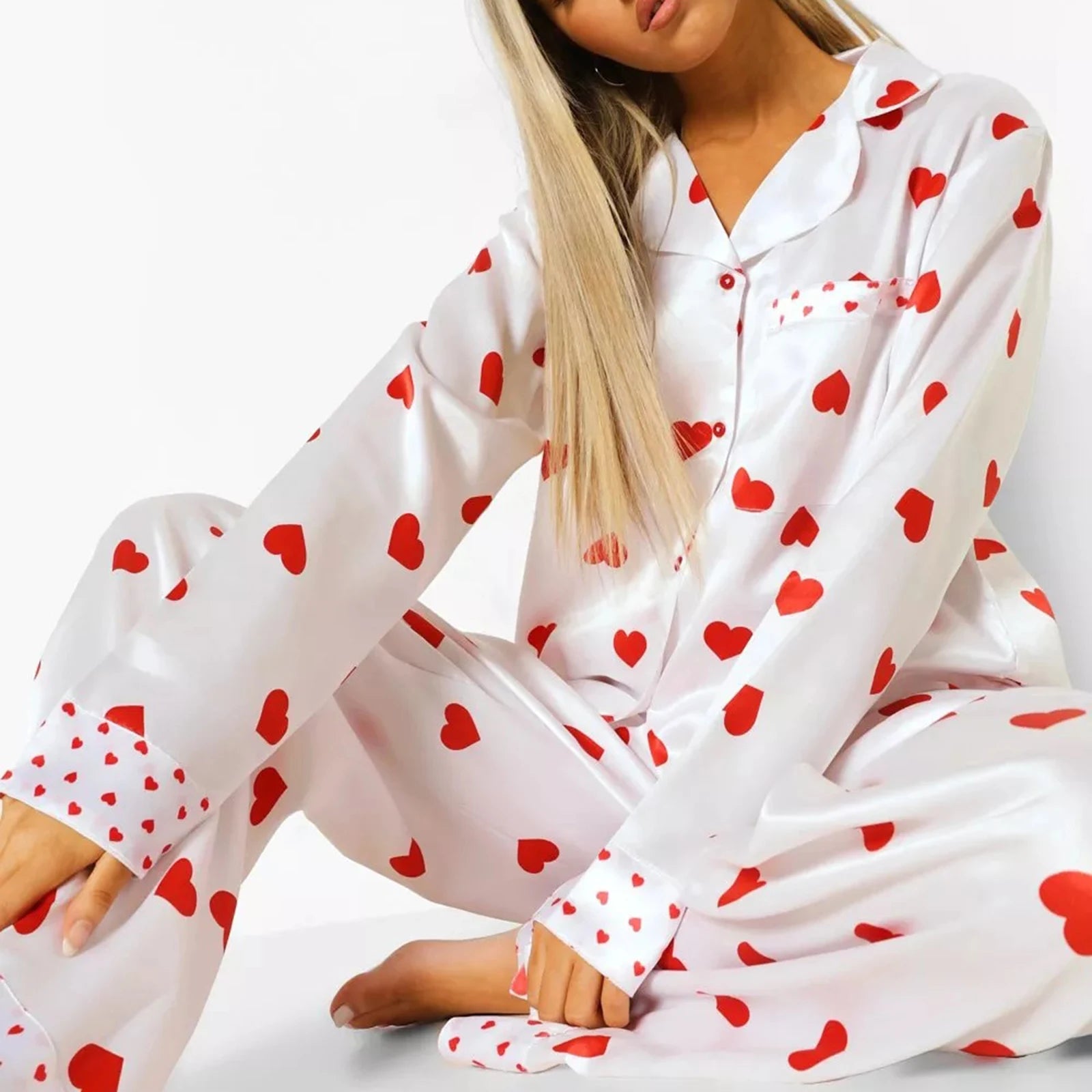 Pajamas Set - Valentine's Satin Heart Pajama Set for Romantic Evenings